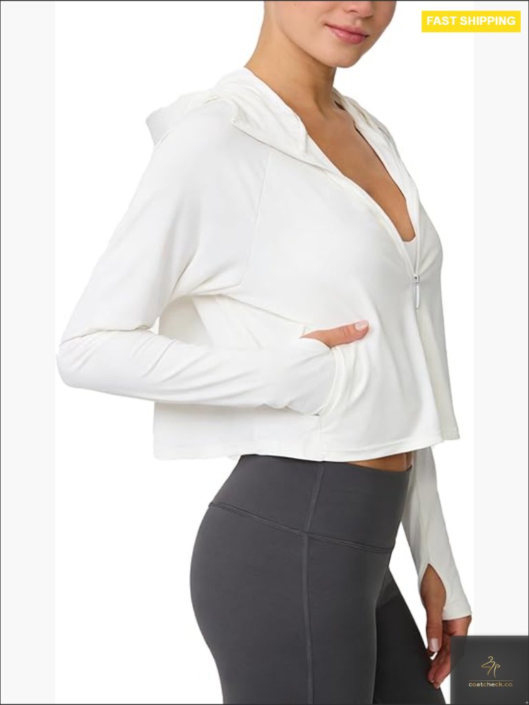 Upf 50+ Crop Top Hoodie Swim Cover Up Zip Up Sun Protection Ponytail Port Thumb